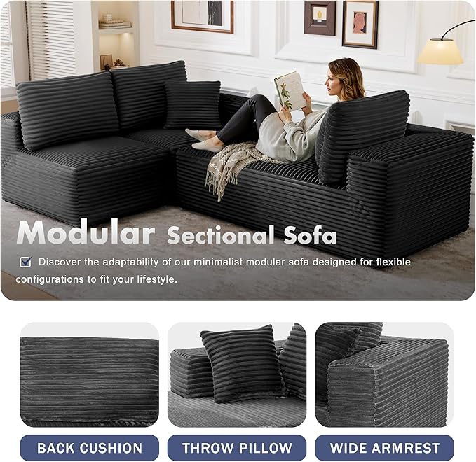 104 Modular Sectional Sofa with L-Shape Chaise Modern Upholstered Cloud Couches for Living Room Bedroom No Assembly Required Dark Grey