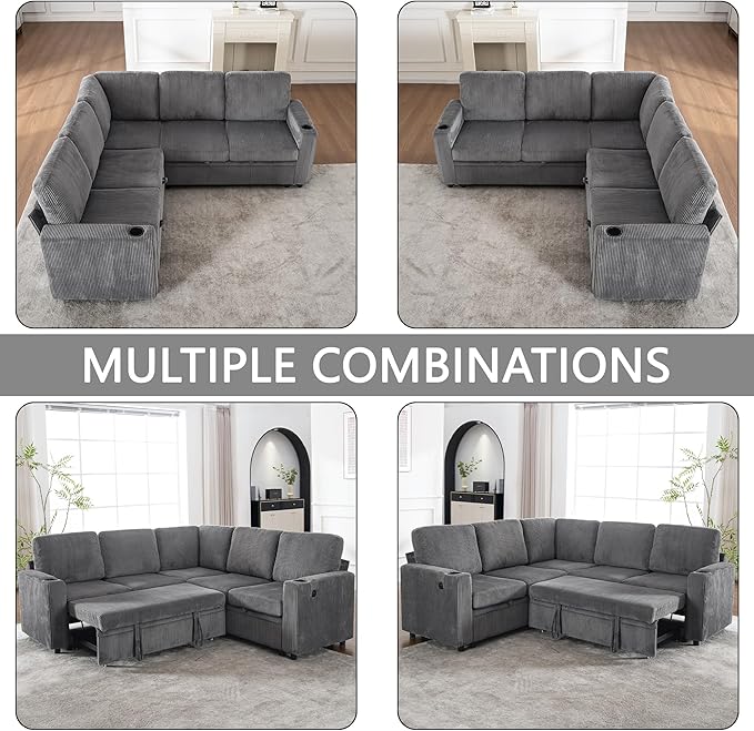 83 Sleeper Couch with Pull Out Sofa Bed 5-Seater Sectional Couches for Living Room L-Shaped Couch with Storage USB Port &amp Cup Holder Corduroy Convertible Corner Sofa for Apartment