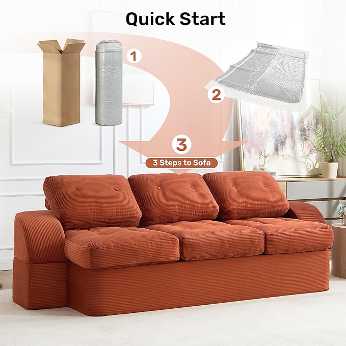Convertible Sofa Bed3-Seater Boneless Couches for Living Room 2 in 1 Folding CouchFold Out Floor Couch with PillowsCloud Floor LoveseatFloor Futon Sleeper for Living Room Bedroom LoungeOrange