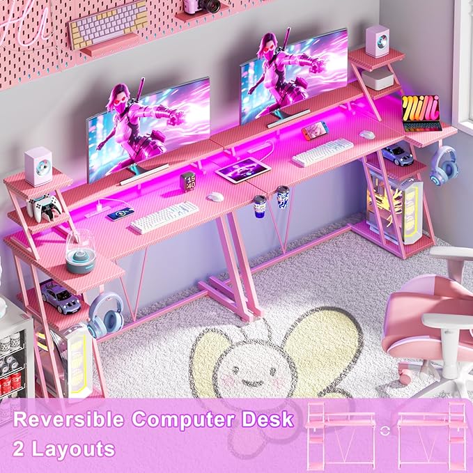 47 Inch Pink Gaming Desk with LED Lights &amp Power Outlet Gaming Computer Desk with Storage Shelves L Shaped Gamer Workstations with Monitor Stand for Bedroom