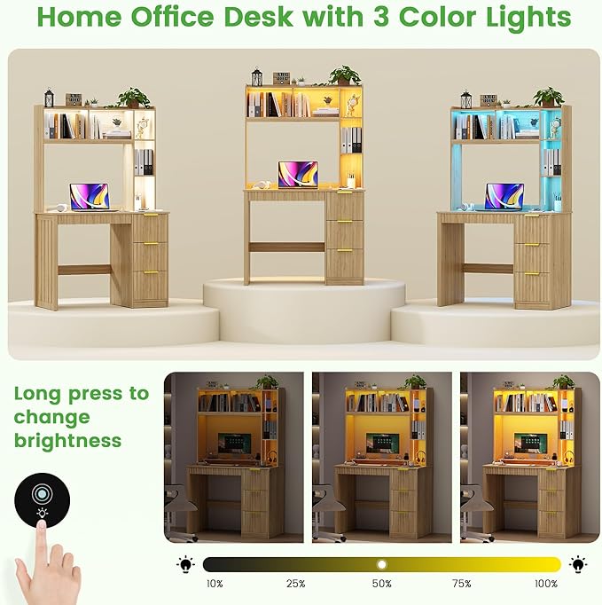 HNEBC Home Office Desk with Hutch and Drawers - 39 Standing Computer Desk with Charging Station&amp3 Color LightsHidden Compartment &amp Fluted Panel Design LED Writing Desk for Bedroom Study (N