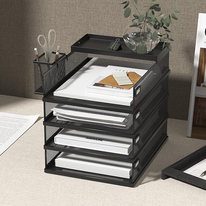 Stackable Letter Trays 4 Tier Metal Paper Tray &amp Desk Organizer Stackable File Trays for Office &amp Home Multi-Functional Document Tray with Fine Grid Design &amp Magnetic LabelsBlack