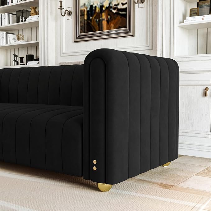 81.3 Modern Black Velvet Couch for Living Room Upholstered Comfy 3 Seater Office Sofa with High Armrest and Gold Metal Legs (Black 81)