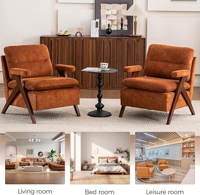 Mid Century Modern Tufted Accent Chair - Sturdy Upholstered Solid Wood Armchair with Breathable Fabric High-Density Cushion Non-Slip Pads for Living Room Reading Room Bedroom Orange