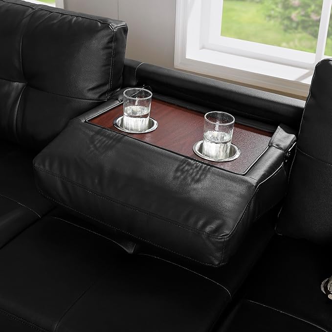 3-Piece Sectional Couch Set L Shape 98 Wide Sofa for Living Room with 2 Cup Holders and Storage Ottoman for Home Furniture Room Decor Black