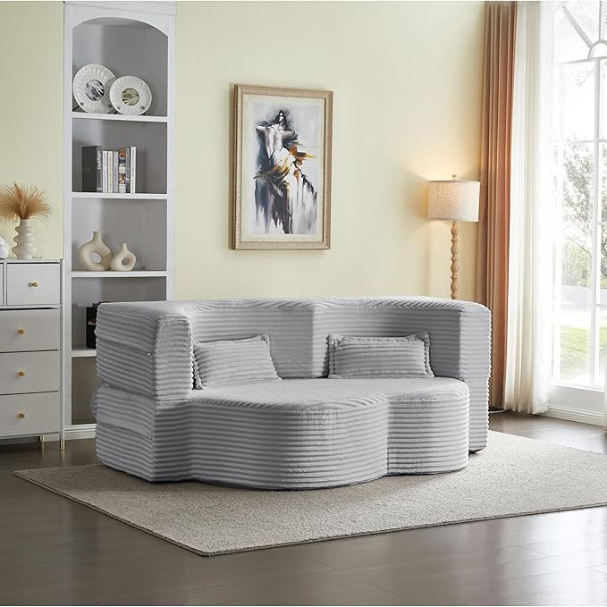 2 in 1 Folding Floor Couch Sofa Bed with 2 Pillows Convertible Sleeper Sofa Modern Full Mattress for Living Room Guestroom Plush Corduroy Floor Sofa BedNo Assembly RequiredLight Grey