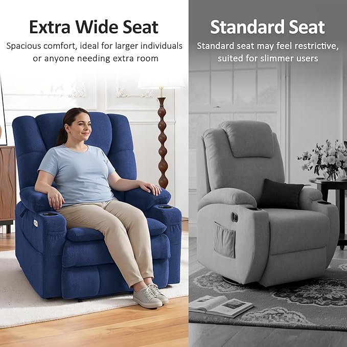 MCombo Large Triple Motor Power Lift Recliner Chair with Massage and Dual Heating Adjustable Headrest for Big and Tall Elderly People Fabric R7524 (Navy Blue Medium-Oversize)
