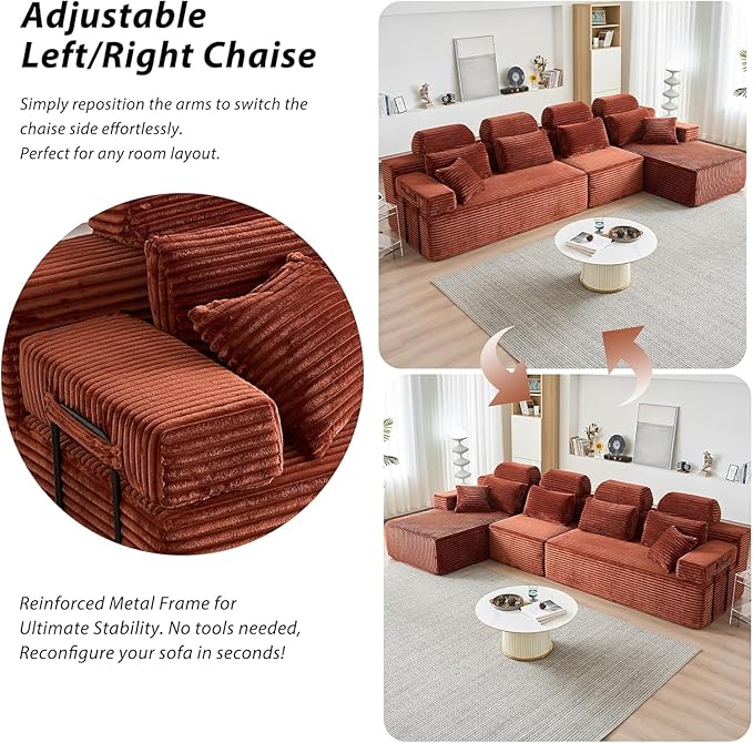 136″ Cloud Modular Sectional Sofa Modern L-Shaped Sectional Couches for Living Room Oversized 3-Seater Couch Corduroy Boneless Couch in a Box No Assembly Required Orange
