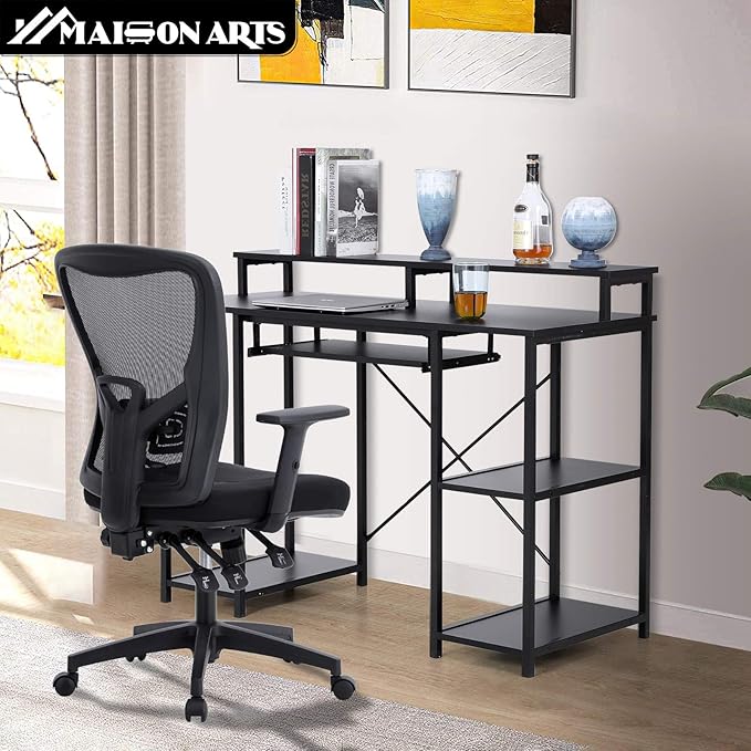 MAISON ARTS Black Computer Desk with Hutch Storage Shelves &amp Keyboard Tray Home Office Writting Large Desk Study Modern PC Table for Bedroom Work Gaming