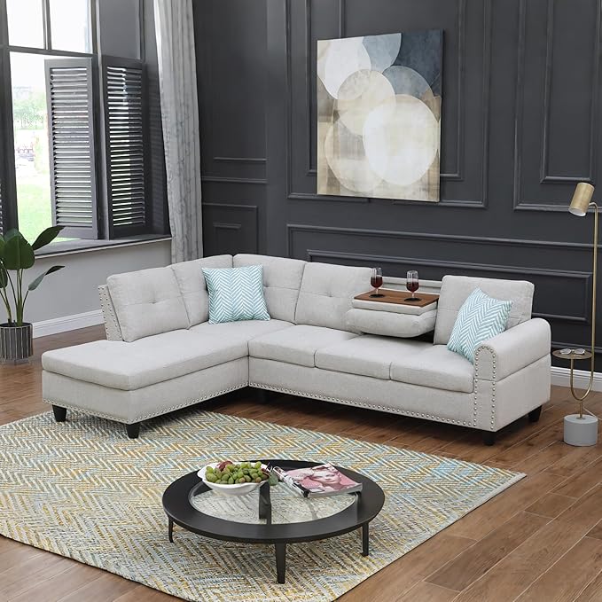 Ball &amp Cast 98 L Shaped Sectional Couch with Chaise Linen Upholstered Modular Sectional Sofa with Pillows and Cup Holders5 Seater Comfy SofaNailhead Trim Designfor Living RoomLight Gray