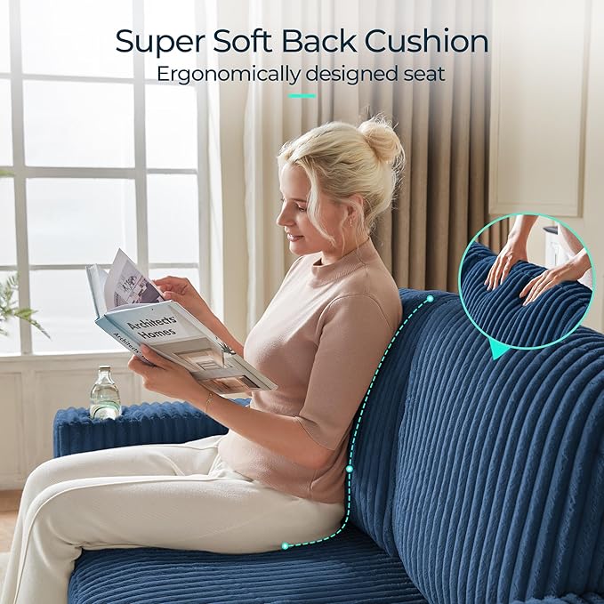 LINSY HOME Loveseat Sofa with Pull Out Couch Chaise: 2-in-1 Convertible 2 Seater Sofa with USB Charging &amp Cup Holders Comfy Plush Corduroy Love Seat for Small Spaces Living Room Apartment Blue