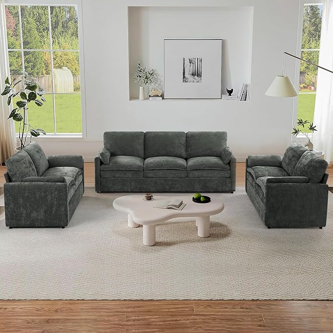 3 Pieces Chenille Sofa Set w/Arm Pillows Upholstered 2 Pieces Loveseat &amp 3 Seater Sofa w/Comfortable Back Cushions Modern 2-Seat &amp 3-Seat w/High-Density Foam for Living Room Grey