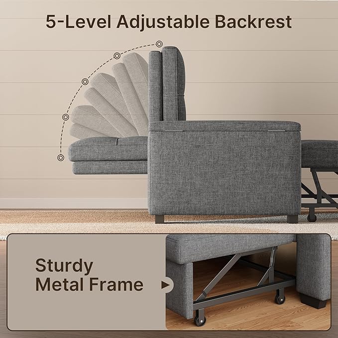 Gizoon 3 in 1 Convertible Sofa Bed Queen 63.6'' Pull Out Couch with Storage Armrests Sofa Cama Adjustable Backrest &amp Pockets Linen Loveseat Sleeper for Small Apartment Living Room Dark Grey
