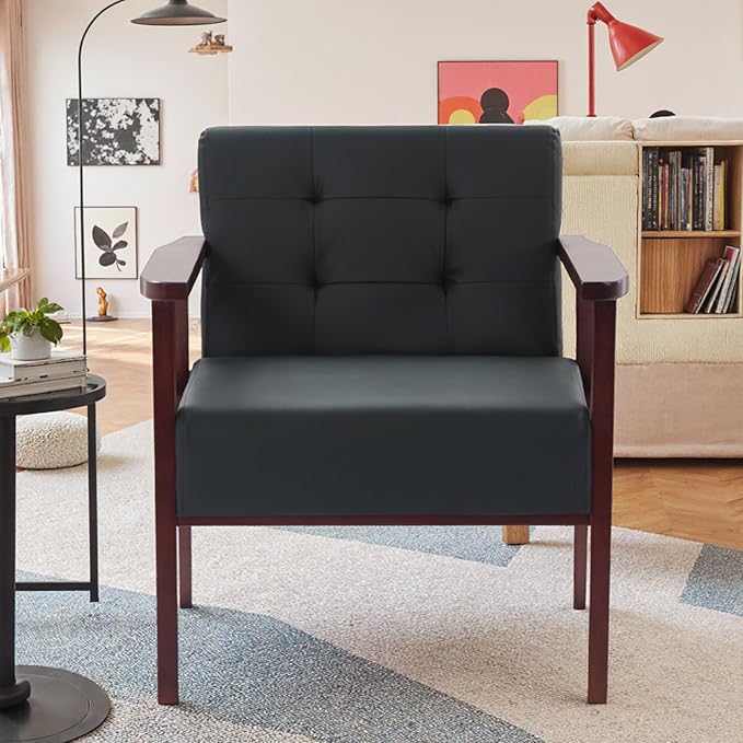 Anwick Mid-Century Modern Accent ChairPU Leather Living Room Chair with Solid Wood FrameComfy Armchair Lounge Reading Chairs for Bedroom Office Small Spaces (Black)