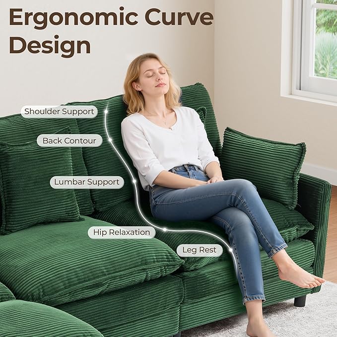 113'' L Shaped Cloud Couch 4-Seater Modular Sectional Sofa with Double Layer Upholstered Seat Cushion Corduroy Deep Seat Couches with Ottoman &amp Pillows for Living Room &amp Apartment Green
