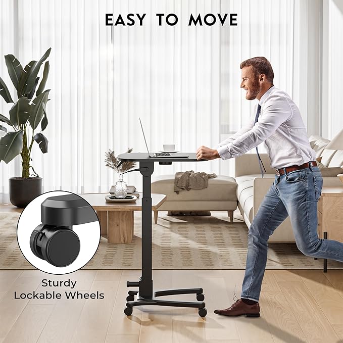BONTEC Mobile Foldable Standing Desk Portable Adjustable Height Desk with Gas Spring Small Rolling Laptop Desk with Wheels for Home Office Bedroom and Medical Use 25.6 x 19.7 Desktop Black