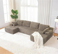 130'' U Shaped Cloud Sectional Couch Modular Boneless Couch for Living Room Corduroy Fabric Cloud Sofa with Supported Pillows and 2 Cup Holders No Assembly Brown
