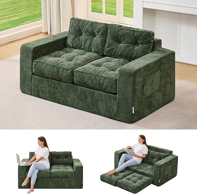 Hobestluk Sofa Couch Loveseat Sofa with Chenille Fabric 2-Seater Sofa for Small Spaces Comfortable Foam Floor Sofa 2 in 1 Boneless Couch for Living Room Bedroom Apartment or Office (Green Loveseat)