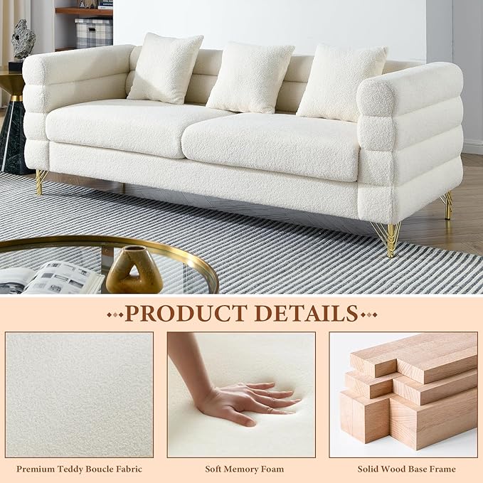 Loveseat Modern Sofa 81 Teddy Boucle Comfy Cloud Couch Upholstered Deep 3 Seater Sherpa Couch Set with Stylish Metal Legs for Living Room Home Office Bedroom Apartment White