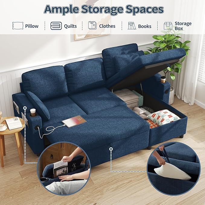 DURASPACE Sleeper Sofa Bed Pull Out Couch 2 in 1 Convertible Sofa Sleeper with Storage L Shaped Sectional Couch Bed for Small Spaces Living Room Bedroom Apartment (Blue)