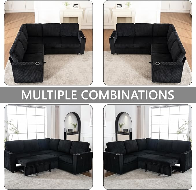 Sectional Sleeper Sofa with Pull Out Bed Plush Corduroy L Shaped Corner Couch with Storage USB Ports Cup Holders Comfy Sectional Couches for Living Room Black | Modular Couch for Apartment Tool