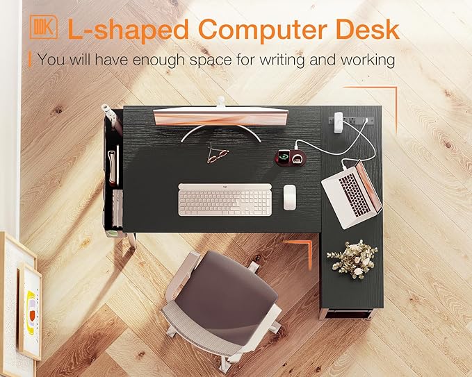 ODK 40 Inch Small L Shaped Gaming Computer Desk with Power Outlets Reversible Storage Shelves &amp PC Stand for Home Office Simple Writing Study Table with Storage Bag for Small Space Black