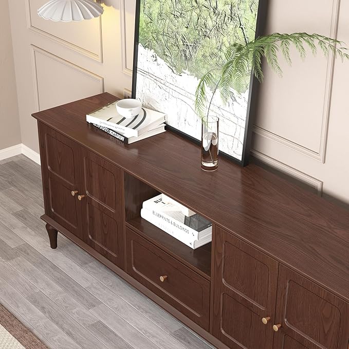 ARTPOWER 67'' Mid-Century Modern TV Stand with Storage Drawer and Doors Long TV Stand with Adjustable Shelves for 75 Inch TV for Living Room Bedroom Brown