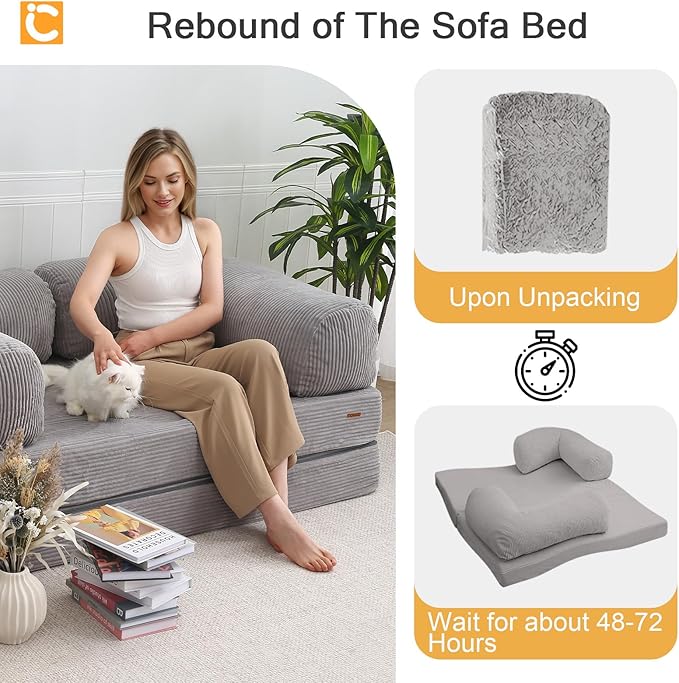 COMAX Futon Sofa Bed 4-in-1 Floor Foldable Sofa Couch Bed with L-Shaped Armrests Convertible Folding Chair Bed Sleeper Mattress Fold Out Lounge for Living Room Bedroom Light Grey