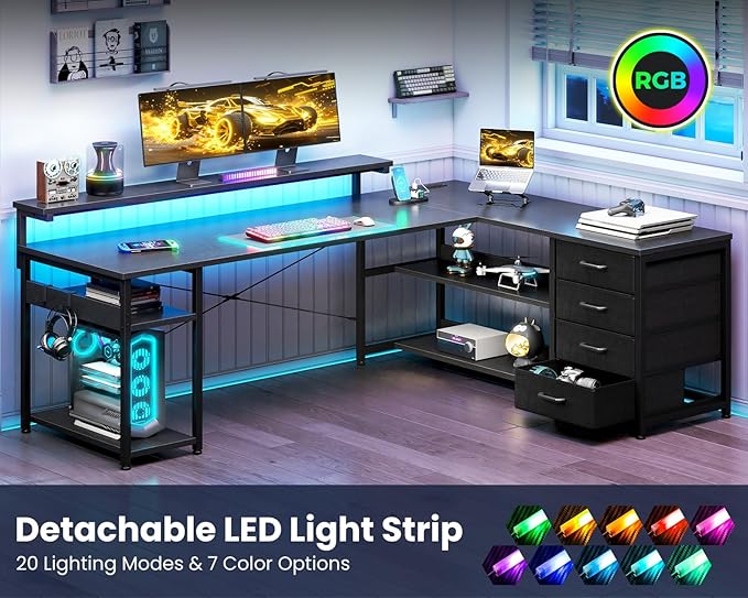 AODK 61 L Shaped Desk with Drawer Computer Desk with Power Outlets &amp LED Lights Reversible Corner Gaming Desk for Home Office Workstation Office Desk with Monitor Shelf Pure Black