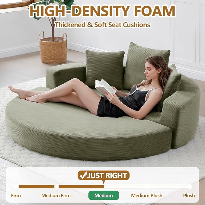 67” Foldable Couch Bed Corduroy Round Floor Couch with 3 Comfy Pillows 2 in 1 Convertible Sofa Bed for Living Room Apartment 380 LBS Capacity No Assembly (Green)