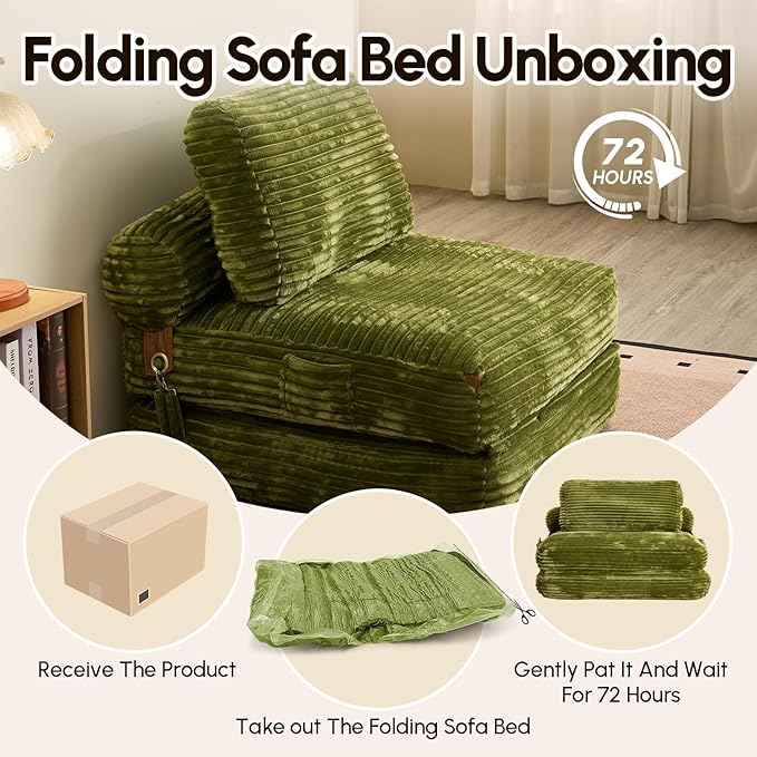 Folding Sofa Bed Convertible Sleeper Chair with Pillow Foldable Mattress Lounge Chair for Living Room Bedroom Portable Guest Bed Green