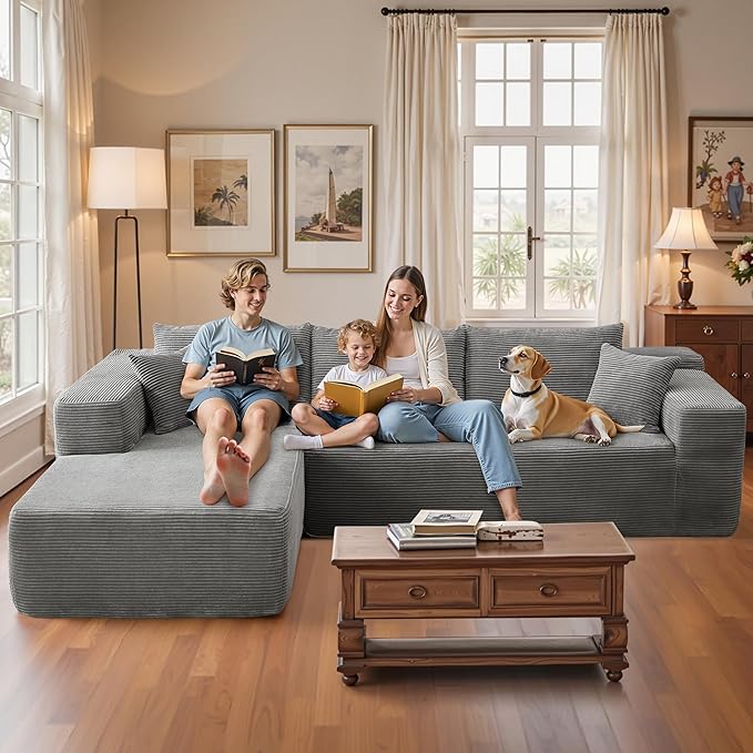 106 Cloud Sectional Couch with Chaise LoungeL Shaped Modular Modern SofaComfy Corduroy Fluffy Couches with Deep SeatNo Assembly Required Couch for Living Room(LeftStripe CorduroyGray)
