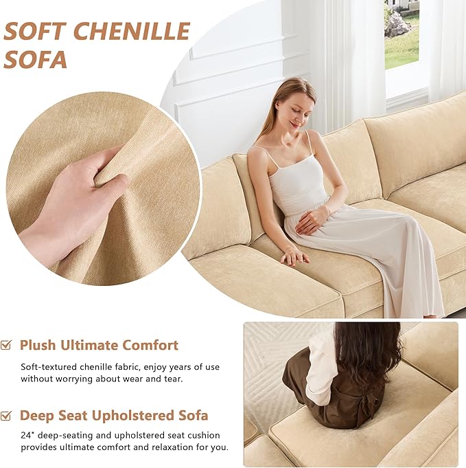 Modular Sectional Sofa with Pull out Storage Drawers 146.4 Comfy Upholstered Chenille 4-Seat Sofa Oversized Deep Storage Seat Couch 2 Armrest Pillows for Living Room Bedroom Apartment Wheat
