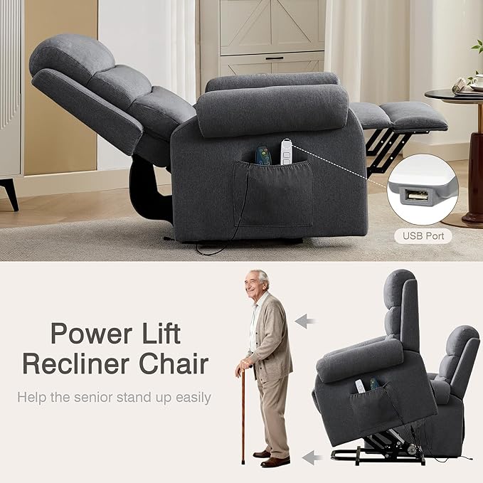 Power Lift Recliner Chair Recliners for Elderly with Heat and Massage Recliner Chair for Living Room with Infinite Position and Side Pocket USB Charge Port (Modern Grey)