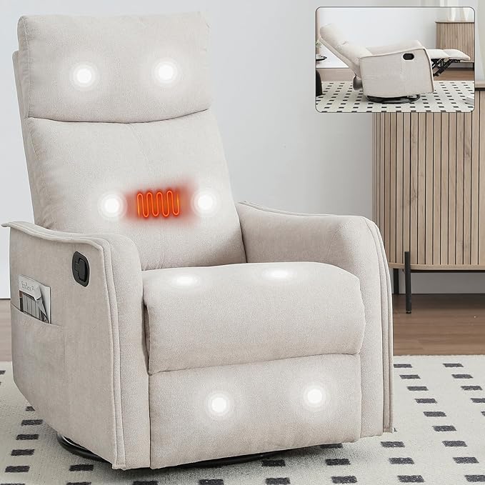 Rocking Recliner Chair with Heat and Massage 360° Swivel Glider Rocker with Reclining Backrest and Footrest Modern Nursery Rocking Chairs for Adults for Bedroom Living Room Office (Beige)
