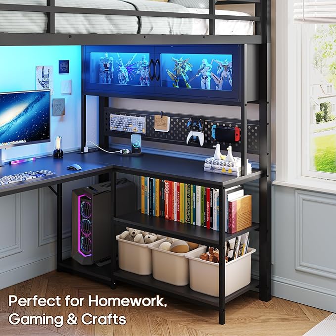 ADORNEVE Twin Size Loft Bed with L-Shaped Gaming Desk Storage Drawers &amp Hutch Expanded Safety Power Outlet Metal Loft Bed Frame with RGB Lights Space Saving for Teens Black