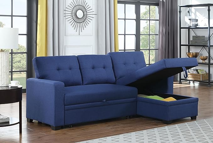 82 Convertible Sectional Sleeper Sofa with Storage Chaise L Shaped Pull Out Couch Bed with 3 Tufted Back Cushion for Living Room ApartmentOfficeBlue