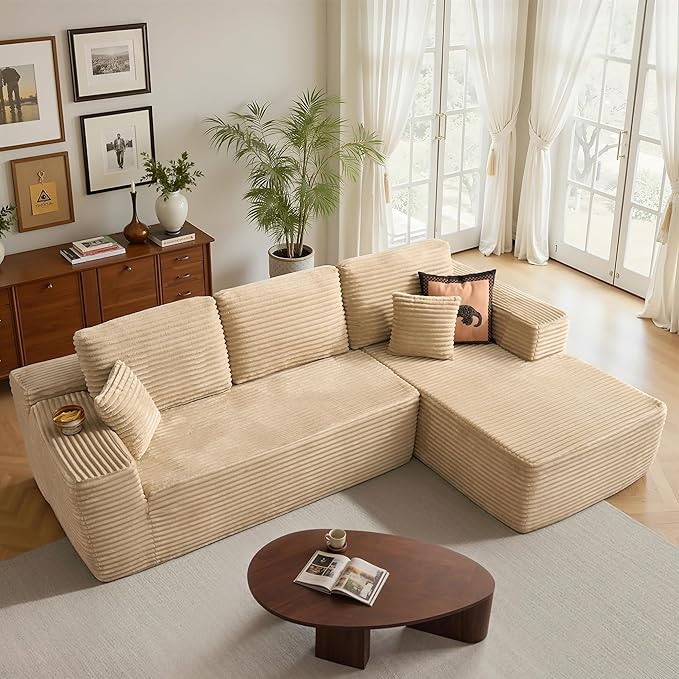 106″ Modular Sectional Sofa L-Shaped Chaise Lounge Cloud Couch with Deep Seat Convertible Boneless Sectional Couches for Living Room No Assembly Required Beige Plush Corduroy