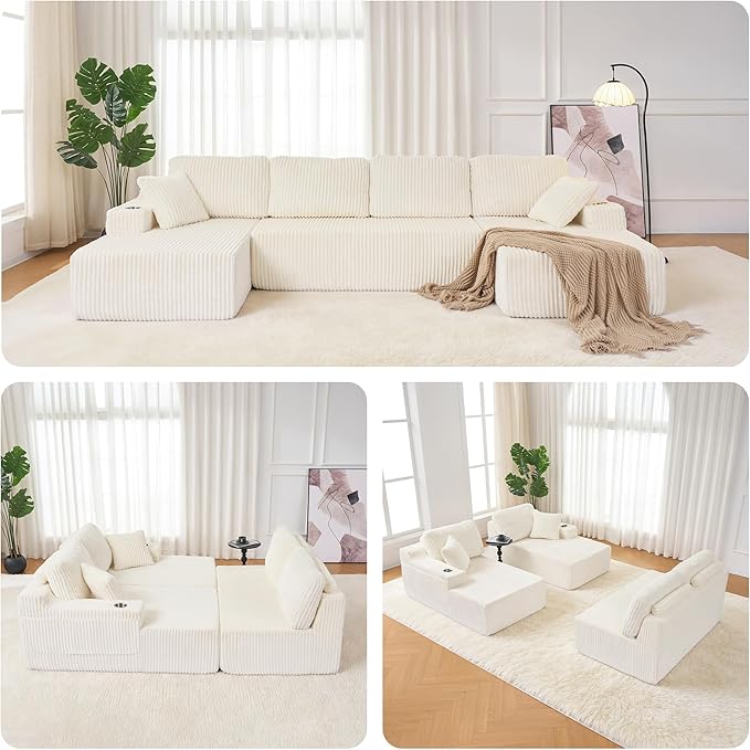 130'' U Shaped Cloud Sectional Couch Modular Boneless Couch for Living Room Corduroy Fabric Cloud Sofa with Supported Pillows and 2 Cup Holders No Assembly Beige
