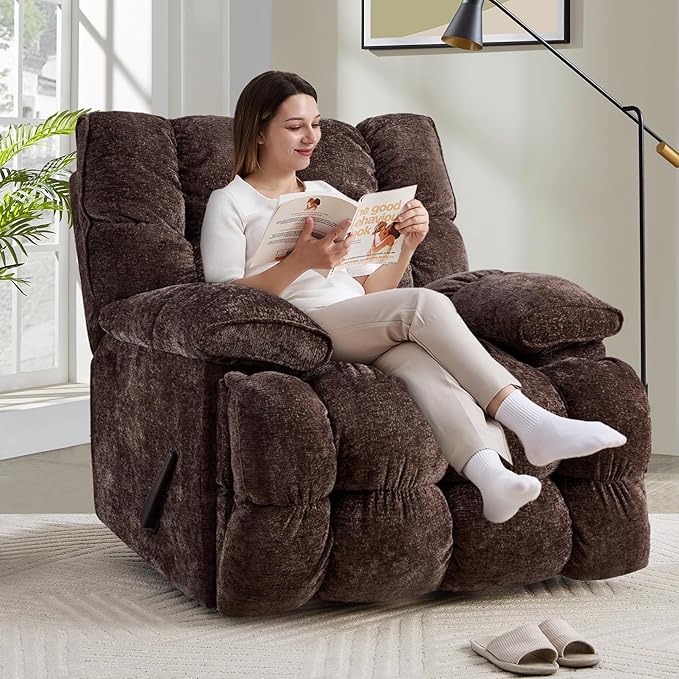 Oversized Rocker Recliner Chair 42” Power Swivel Recliner for Living Room Overstuffed Extra Wide Rocking Recliners with Breathable Soft Fabric Up to 400lbs(Manual Brown)