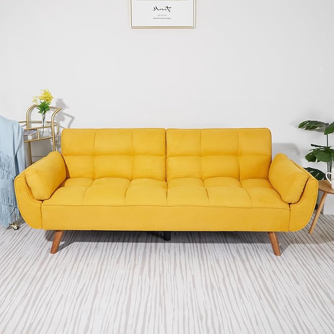 ERYE Modern Convertible Tufted Futon Sofa Bed Split Adjustable Backrest Loveseat Sofabed W/Removable Padded Armrests and Wood Legs for Living Space/Guest Room