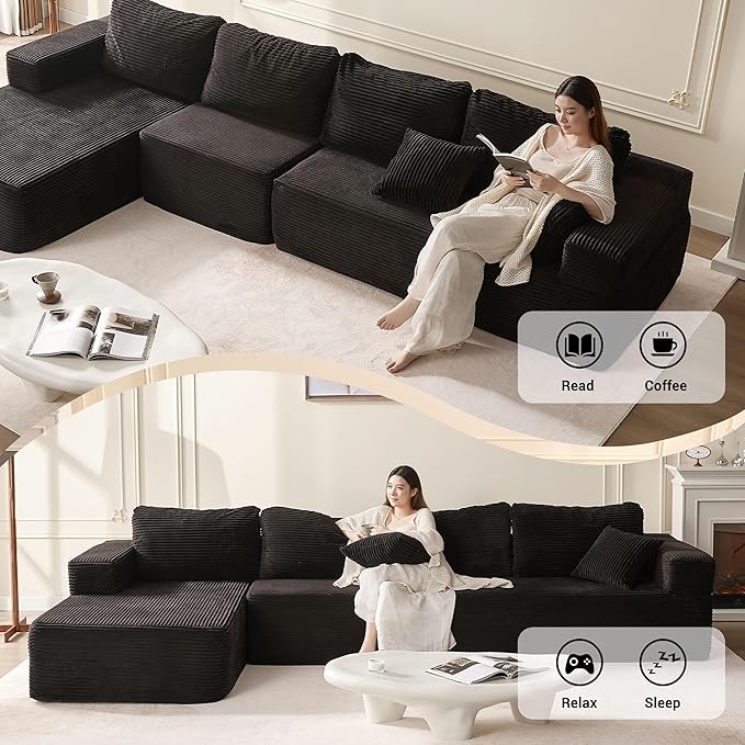 138 Boneless Couch with Deep Seat Set of Modular Sectional Sofa Cloud Sectional Couch for Living Room No Assembly Required Corduroy 4 Seater L-Shape Left Black