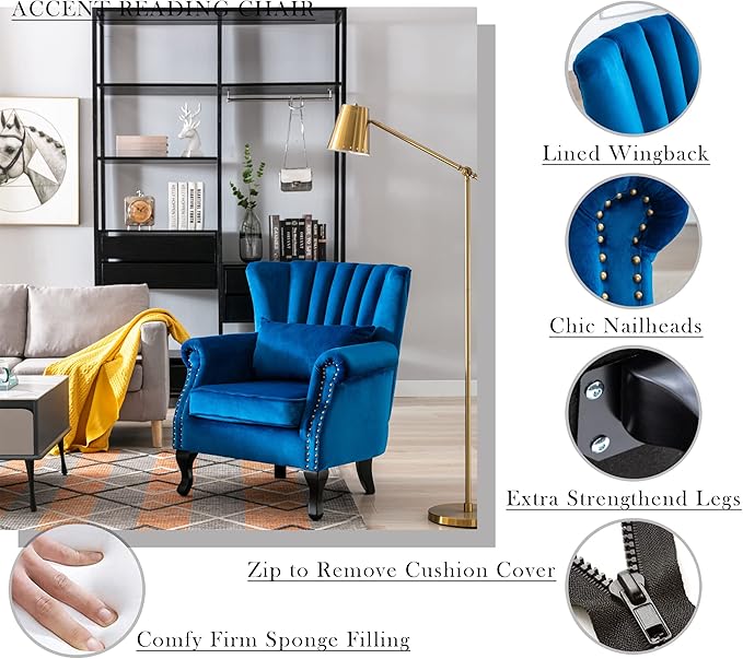Mid Century Modern Accent Chair Upholstered Armchair Comfy Velvet Fabric Single Sofa with Lined Wingback for Small Spaces Bedroom Living Room Velvet Blue 30.1D x 30.5W x 35H in