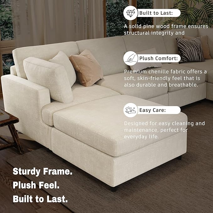 Modern Large Modular Sectional Couch U-Shape Sectional Sofa with Removable Ottoman Polyester Sofa 6-Seater Couch with Solid Wood Legs for Living Room (Beige-29J)