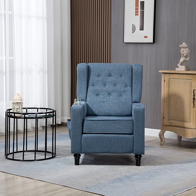 Arm Pushing Recliner Chair Modern Button Tufted Wingback Push Back Recliner Chair Living Room Chair Fabric Pushback Manual Single Reclining Sofa Home Theater Seating for BedroomNavy Blue