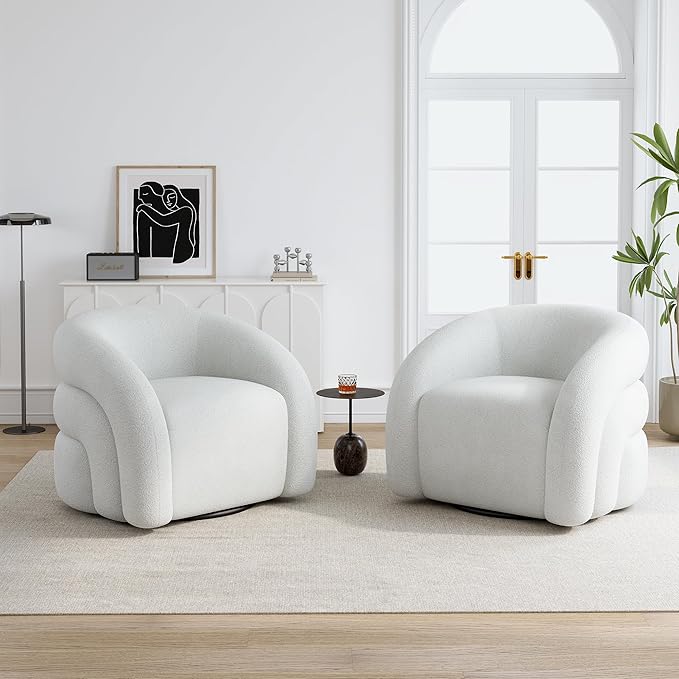 Boucle Swivel Accent Chair No Assembly Small Comfy Round Barrel Armchair for Living Room Bedroom Reading Waiting Room (White Set of 1)