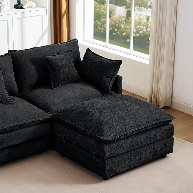 102 Black Modular Sectional Sofa with Movable Ottoman Convertible L Shaped Chenille Cloud Couch Comfy 3-Seater Deep Seat Sofa Couches for Living Room Bedroom and Apartment (Black 102)