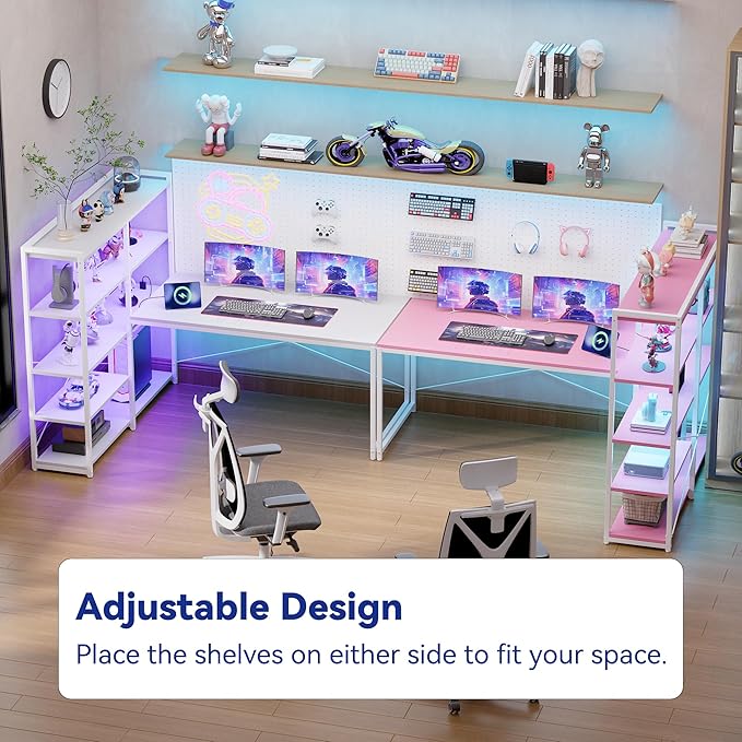 Pamray L Shaped Computer Desk with Reversible Side Storage Shelves 49 Inch Gaming Desk with Power Outlets and Led Lights PC Table for Home Office and Bedroom Pink