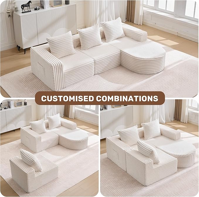 Boneless Cloud Couch Modular Sectional Sofa L-Shape with Chaise 102 Soft Faux Fur Deep Seat &amp 3 Pillows &amp 2 Side Pockets for Living Room Bedroom (Beige Right Chaise)