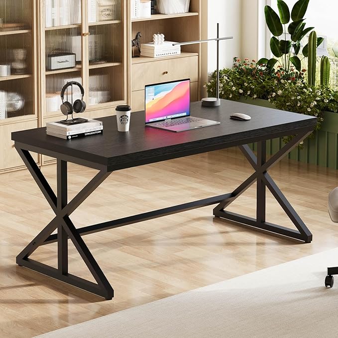 IBF 55 Inch Black Home Office Desks Modern Computer Desk for Writing Study Wood Metal Simple Gaming Work Table for Bedroom Industrial Wooden Pc Workstation Executive Desk Black Oak